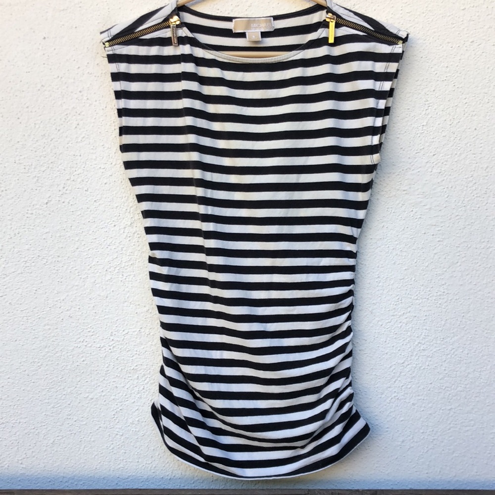 MICHAEL Michael Kors black & white striped sleeveless tunic w/ shoulder zippers